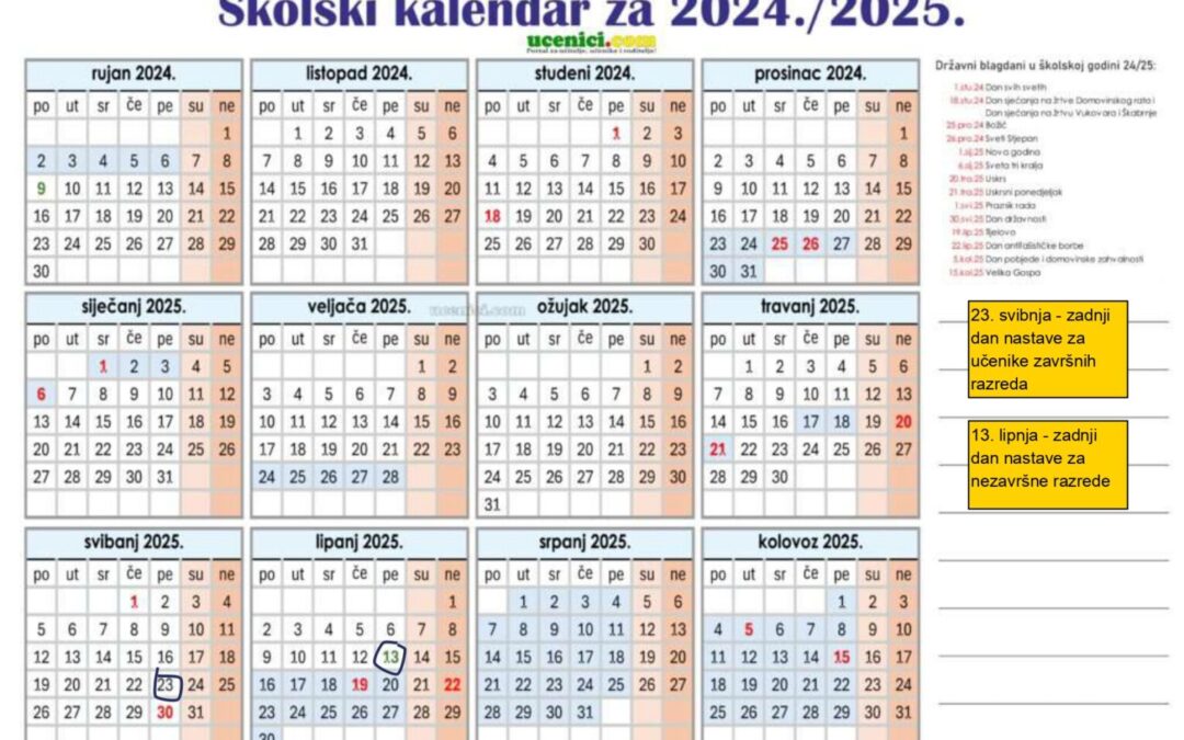 Školski kalendar šk. godine 2024./2025. godine