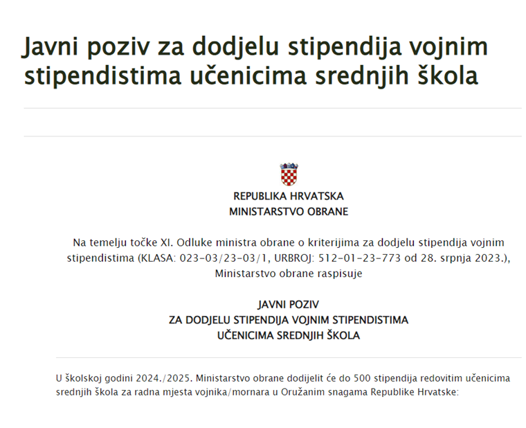 Javni poziv za dodjelu stipendija vojnim stipendistima učenicima srednjih škola