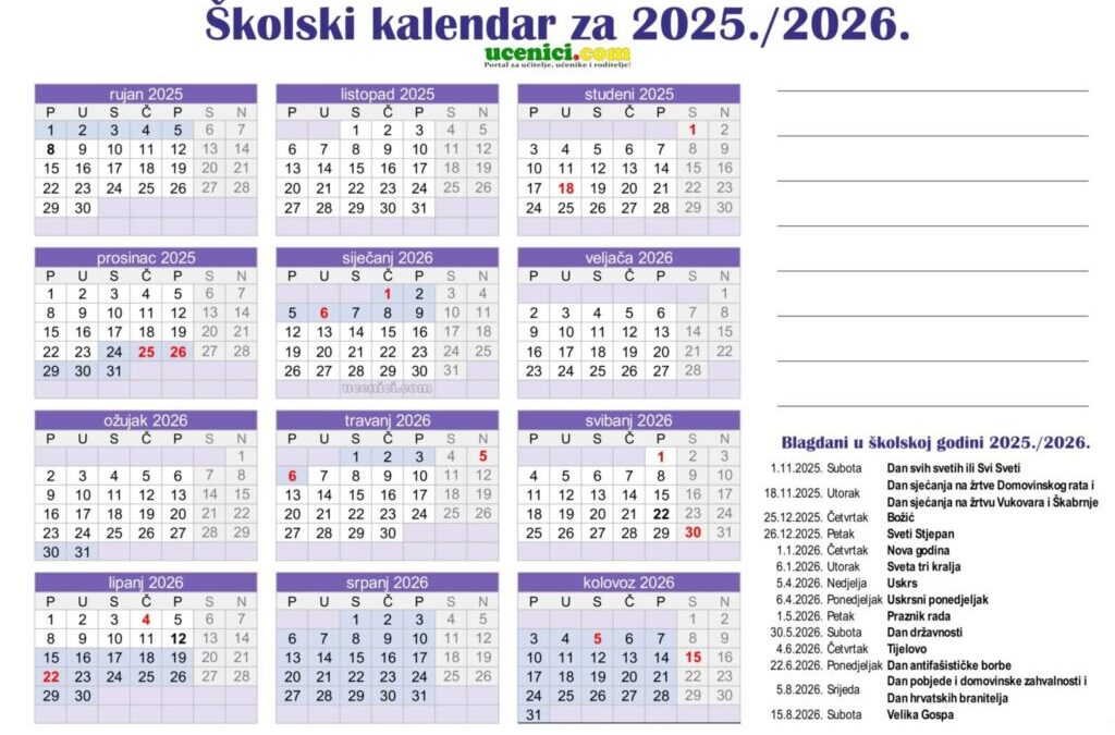 Kalendar školske godine 2025./2026.