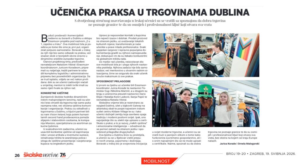 O Erasmus+ mobilnosti naših učenika čitajte u Školskim novinama